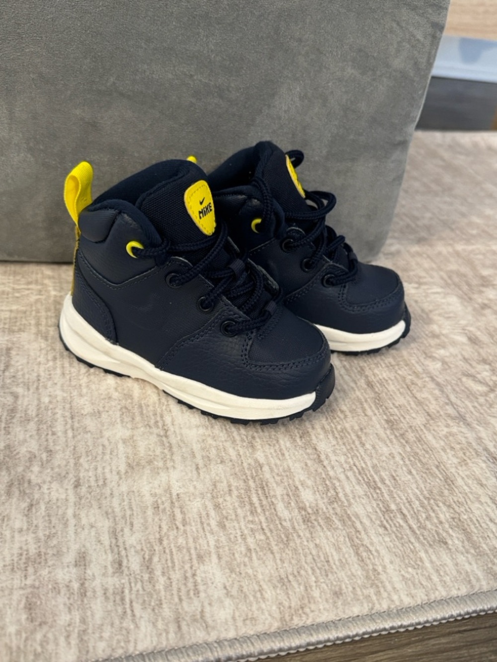 Nike Navy Blue Kids Athletic Shoe with Lime Accent